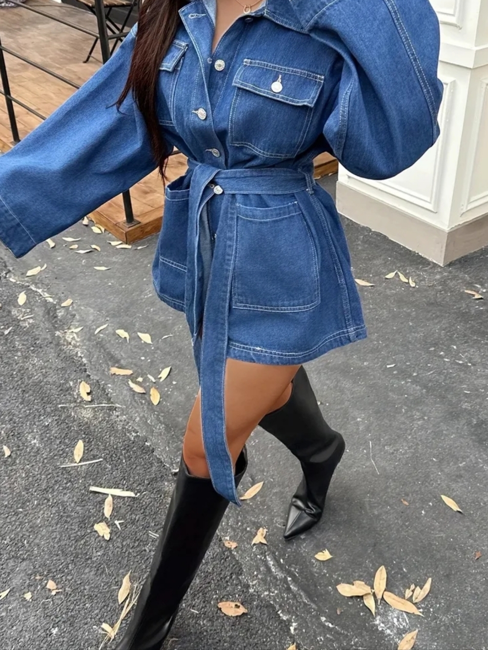 Denim Tie-Waist Jacket Dress in Dark Blue